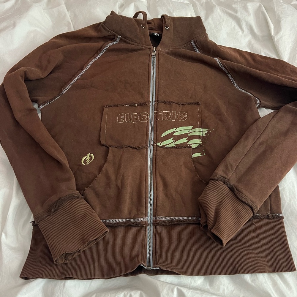 Brown Zip-Up Hoodie with Graphic Design